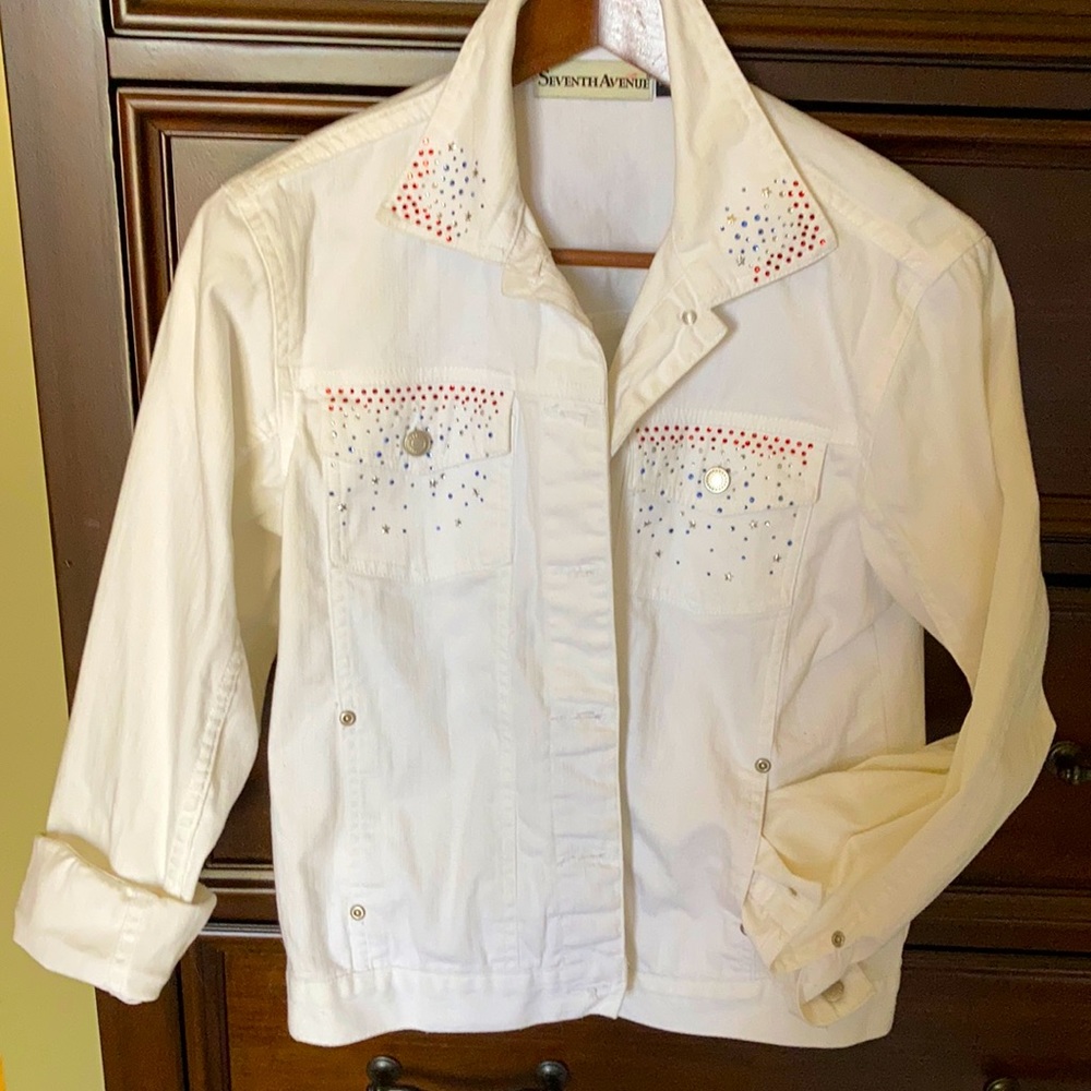 wht jean jacket with red/wht/blue crystals. Size S